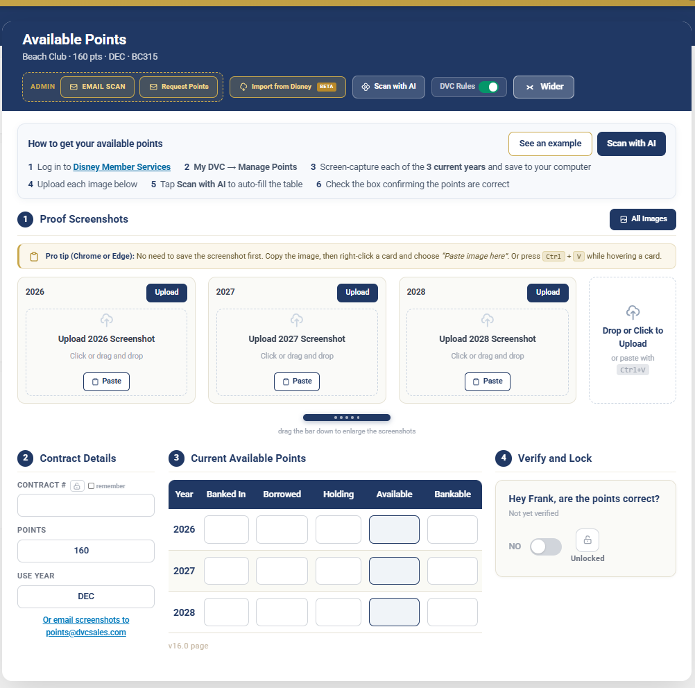 Preview of the DVC Sales available points page